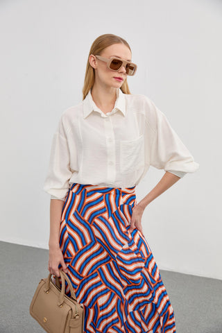 Patterned Long Pleated Orange Skirt 0155