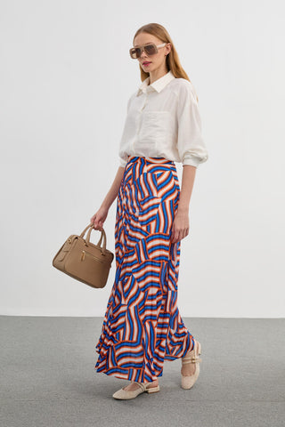 Patterned Long Pleated Orange Skirt 0155