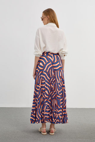 Patterned Long Pleated Orange Skirt 0155