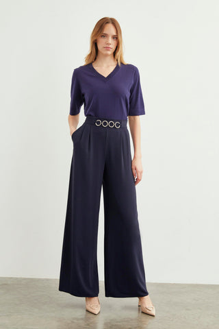 Loose-fitting navy blue trousers with accessory details 0177