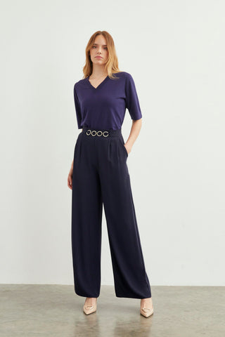 Loose-fitting navy blue trousers with accessory details 0177