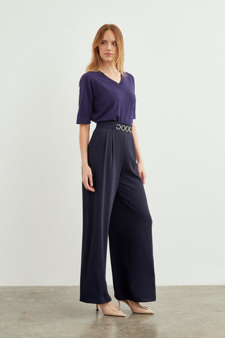 Loose-fitting navy blue trousers with accessory details 0177