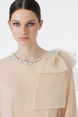 Chiffon Beige Dress with Rhinestone Bow Detail on Collar 0288