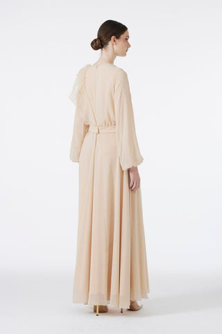 Chiffon Beige Dress with Rhinestone Bow Detail on Collar 0288