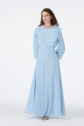 Blue Chiffon Dress with Rhinestone Bow Detail on Collar 0288