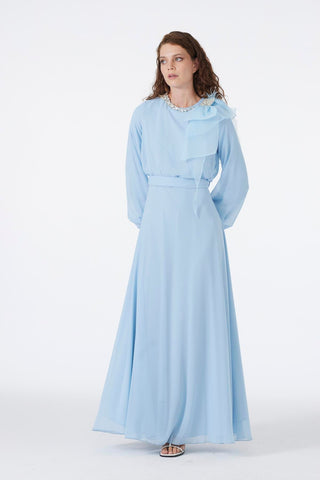 Blue Chiffon Dress with Rhinestone Bow Detail on Collar 0288