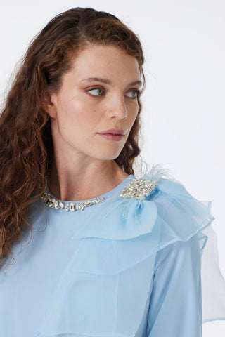 Blue Chiffon Dress with Rhinestone Bow Detail on Collar 0288
