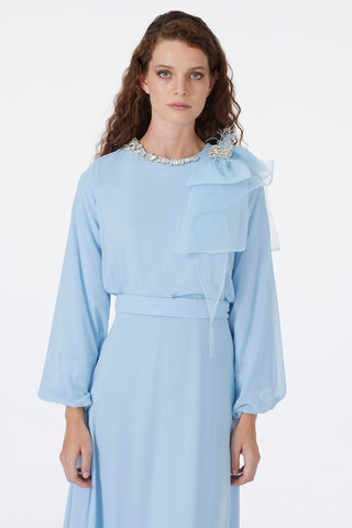 Blue Chiffon Dress with Rhinestone Bow Detail on Collar 0288