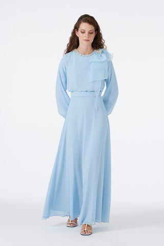 Blue Chiffon Dress with Rhinestone Bow Detail on Collar 0288