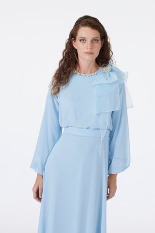 Blue Chiffon Dress with Rhinestone Bow Detail on Collar 0288