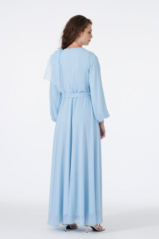 Blue Chiffon Dress with Rhinestone Bow Detail on Collar 0288