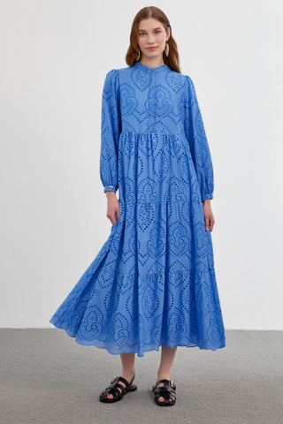 Mandarin Collar Patterned Long Blue Dress 0350