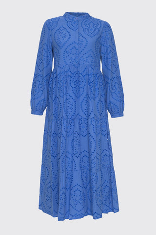 Mandarin Collar Patterned Long Blue Dress 0350