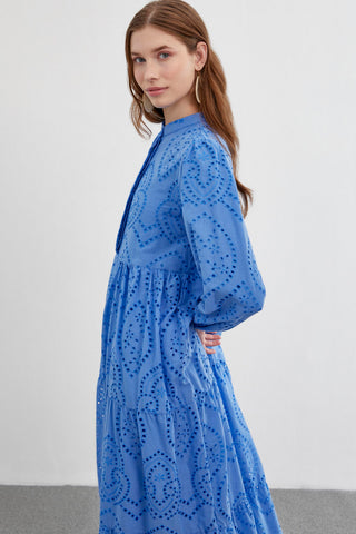 Mandarin Collar Patterned Long Blue Dress 0350