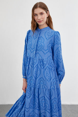 Mandarin Collar Patterned Long Blue Dress 0350