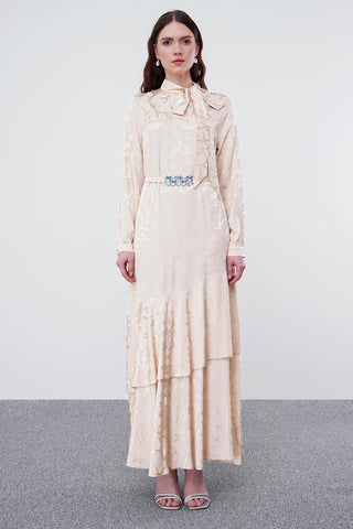 Long Beige Dress with Bow Collar and Pattern 0373
