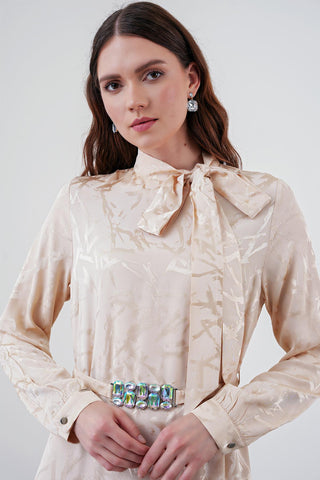 Long Beige Dress with Bow Collar and Pattern 0373