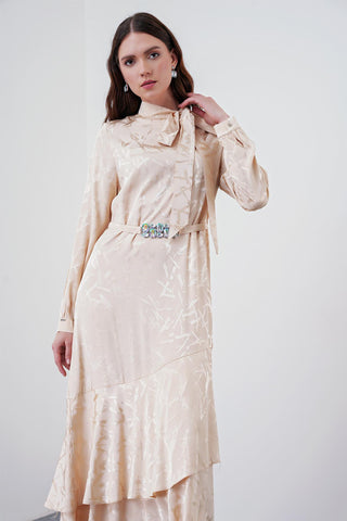 Long Beige Dress with Bow Collar and Pattern 0373