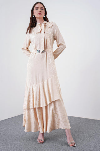 Long Beige Dress with Bow Collar and Pattern 0373