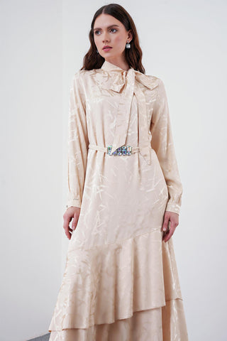 Long Beige Dress with Bow Collar and Pattern 0373
