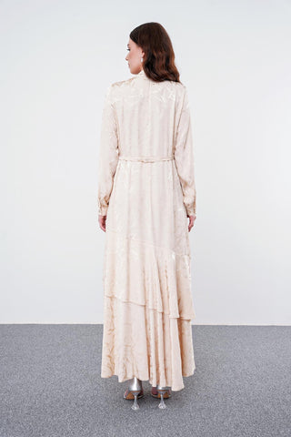 Long Beige Dress with Bow Collar and Pattern 0373