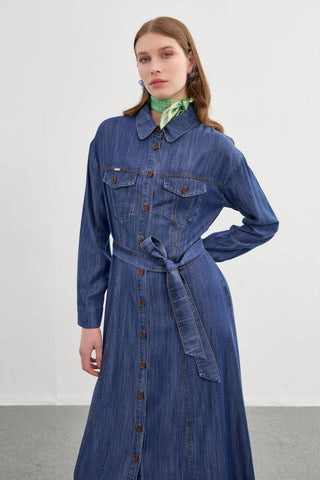 Denim Gömlek Yaka Düğmeli Koyu Mavi K.mavi Elbise 0392