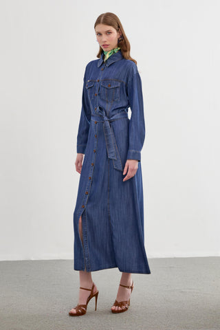 Denim Gömlek Yaka Düğmeli Koyu Mavi K.mavi Elbise 0392