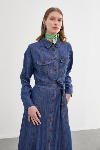 Denim Gömlek Yaka Düğmeli Koyu Mavi K.mavi Elbise 0392