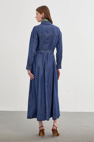 Denim Gömlek Yaka Düğmeli Koyu Mavi K.mavi Elbise 0392