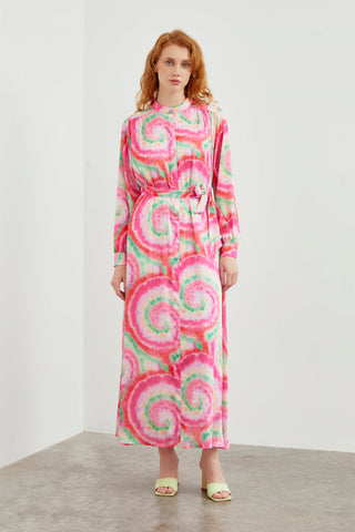 Desenli Uzun Pembe Elbise 0400