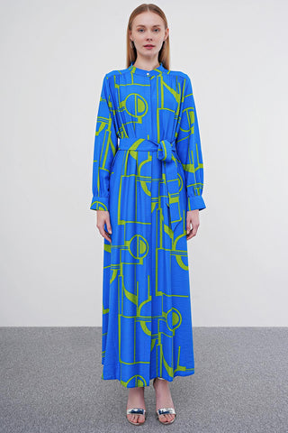 Desenli Hakim Yaka Kuşaklı Uzun Saks/yeşil Elbise 0400