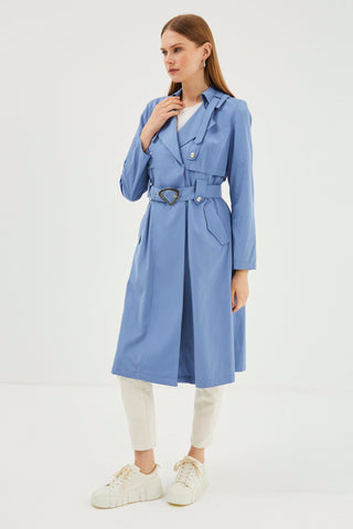 Kruvaze Yaka Ve Kemerli Havacı Indigo Trençkot 12922