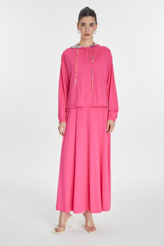 Dark Beige Hooded Two-Piece Set with Back Detail and Fuchsia Colors 1323