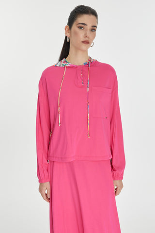 Dark Beige Hooded Two-Piece Set with Back Detail and Fuchsia Colors 1323