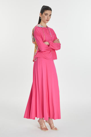 Dark Beige Hooded Two-Piece Set with Back Detail and Fuchsia Colors 1323