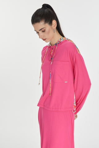 Dark Beige Hooded Two-Piece Set with Back Detail and Fuchsia Colors 1323