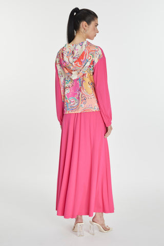 Dark Beige Hooded Two-Piece Set with Back Detail and Fuchsia Colors 1323