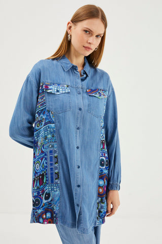 Denim Desenli Gömlek Yaka Uzun Mavi Tunik 1444