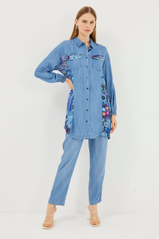 Denim Desenli Gömlek Yaka Uzun Mavi Tunik 1444