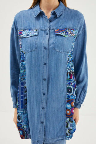 Denim Desenli Gömlek Yaka Uzun Mavi Tunik 1444