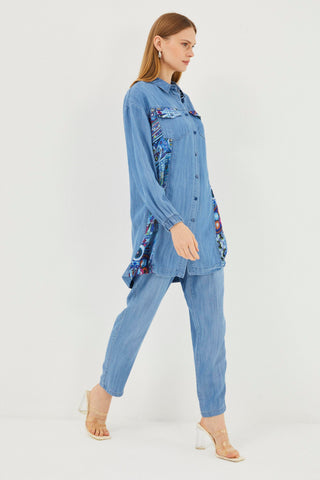 Denim Desenli Gömlek Yaka Uzun Mavi Tunik 1444