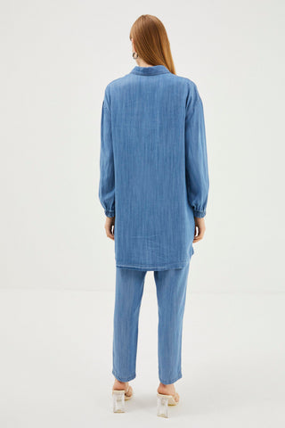 Denim Desenli Gömlek Yaka Uzun Mavi Tunik 1444