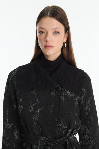 Black Cardigan with Collar Detail and Belt 0028