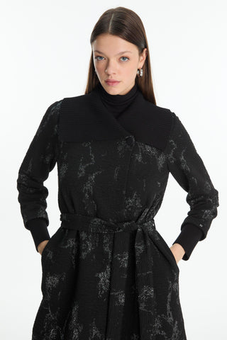 Black Cardigan with Collar Detail and Belt 0028