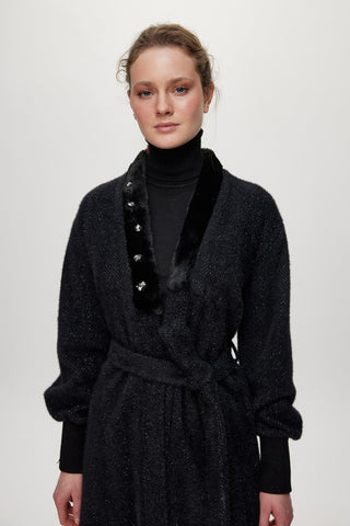 Shawl Collar Stone Detail Black/Silver Cardigan 0029
