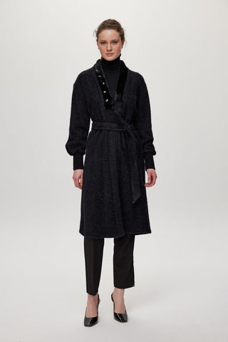 Shawl Collar Stone Detail Black/Silver Cardigan 0029