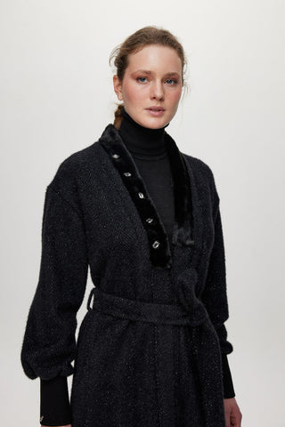 Shawl Collar Stone Detail Black/Silver Cardigan 0029