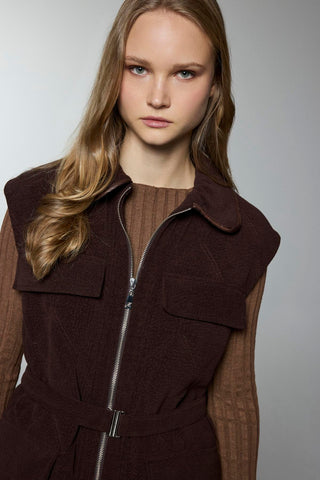 Belted Pocket Detail Coffee Vest 0097