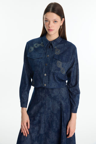 Patterned Shirt with Pocket Detail, Navy Blue Blouse/Shirt 0117