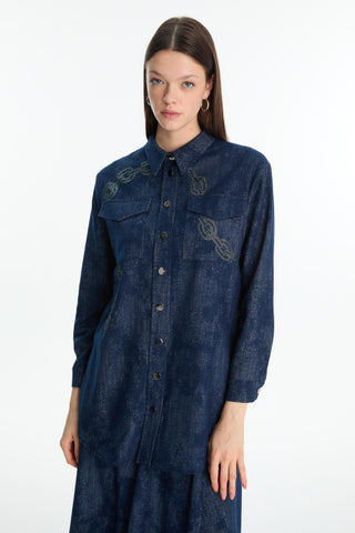 Patterned Shirt with Pocket Detail, Navy Blue Blouse/Shirt 0117
